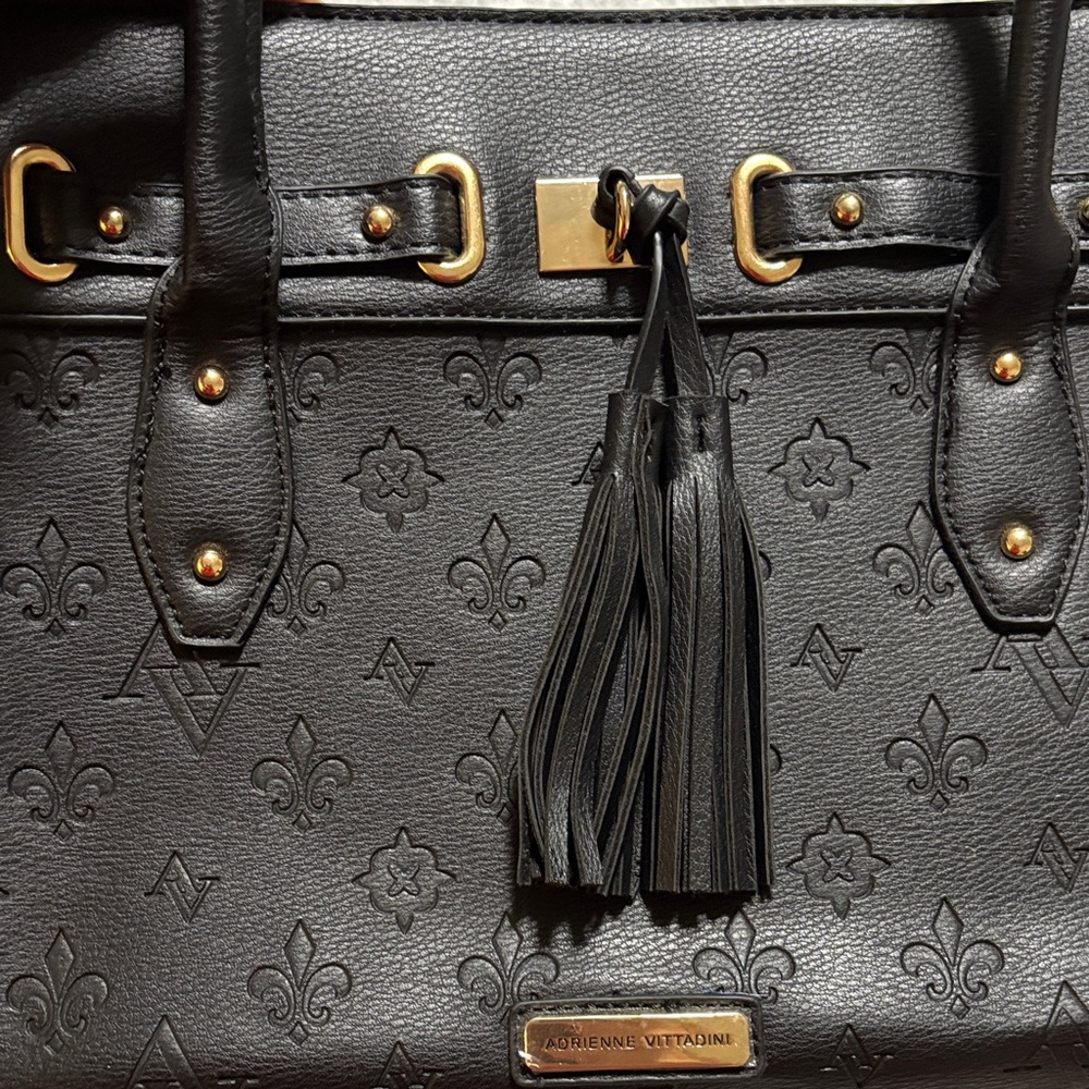 Adrienne Vittadini Black Embossed Satchel with Gold Accents